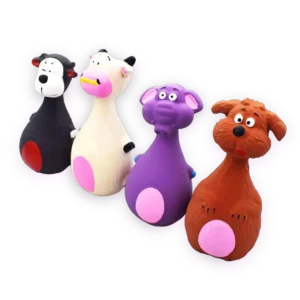 Handful colorful squeaky latex animal shaped toys for pets including a cow, bear and an elephant