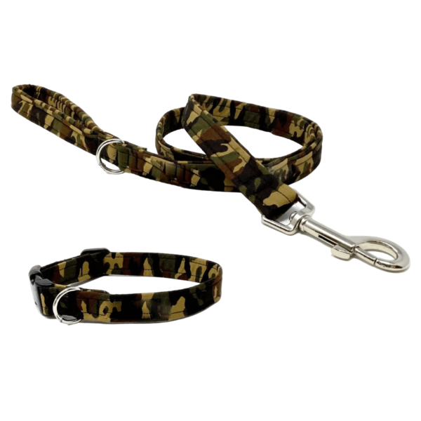 A happy dog on a walk wearing a military print dog leash and collar set