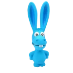 A close-up view of the bumpy texture on a blue rabbit latex dog toy