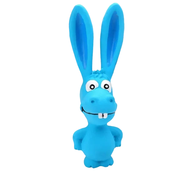 A close-up view of the bumpy texture on a blue rabbit latex dog toy
