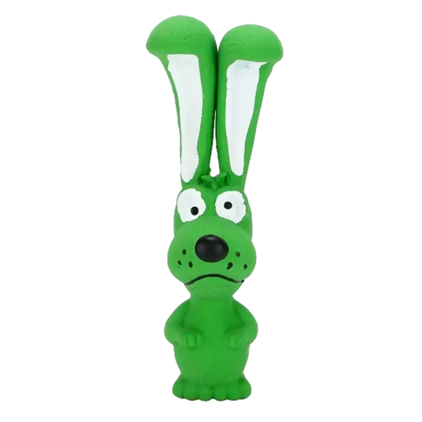 A close-up view of the bumpy texture on a green frog latex dog toy