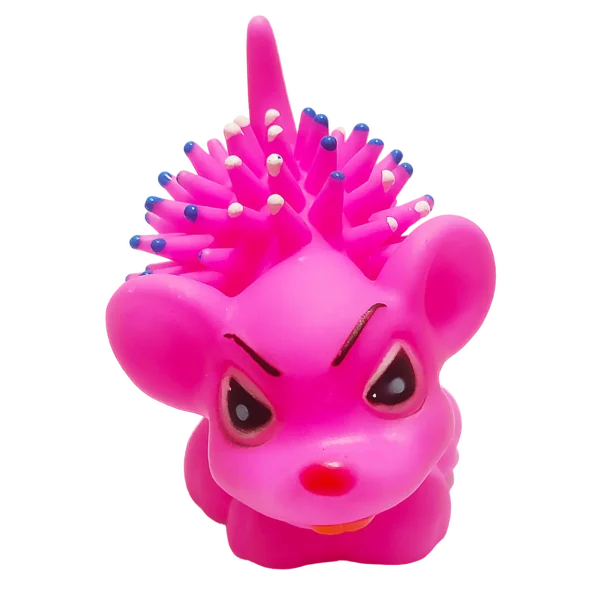 Violet squeaky dog toy to demonstrate its sound feature by squeezing by hand