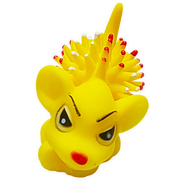 Close-up of a single yellow cute dog toy with a smiling face.